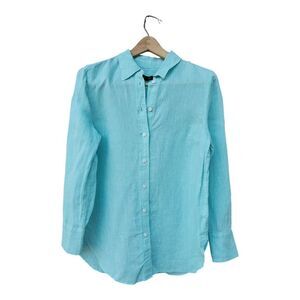 Talbots 100% Linen Button Up Top Blouse Robin Egg Blue Size Med Coastal Easter